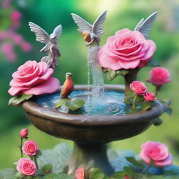 An enchanted garden populated with vibrant roses around a birdbath. Tiny whimsical fairies are joyfully splashing in the birdbath water.