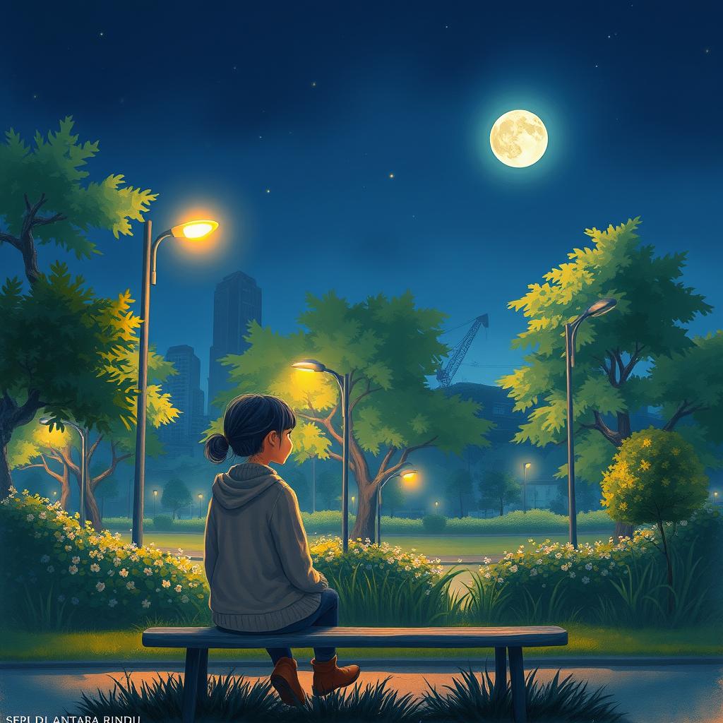 A picturesque night scene in an urban park featuring a young girl sitting alone on a bench
