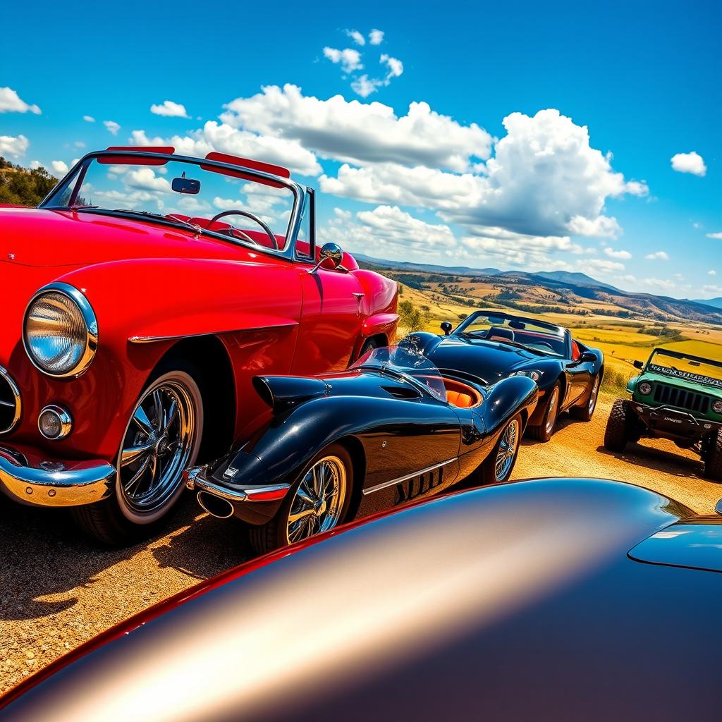 A stunning collection of classic and modern cars parked in a picturesque setting, showcasing their sleek designs and vibrant colors