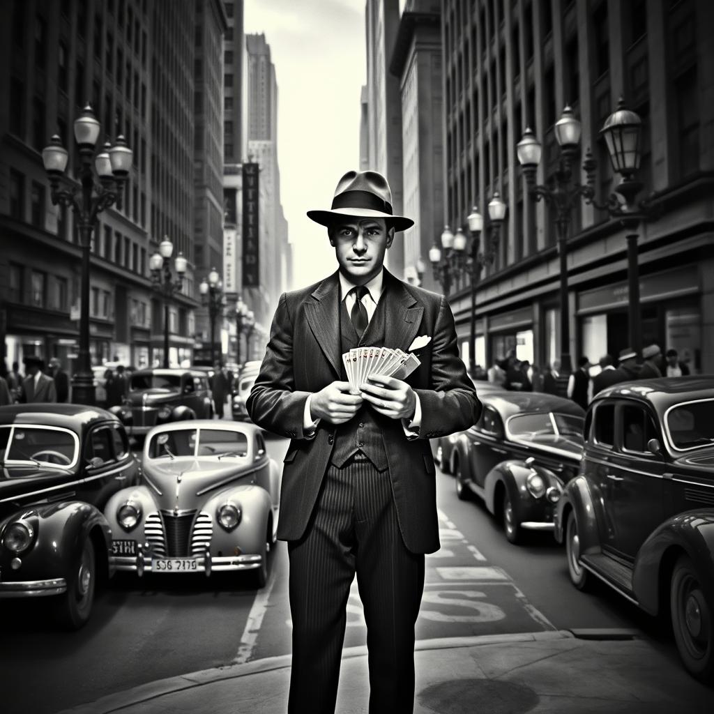 A black and white scene depicting a gambler standing confidently on the corner of a bustling New York street in the 1930s