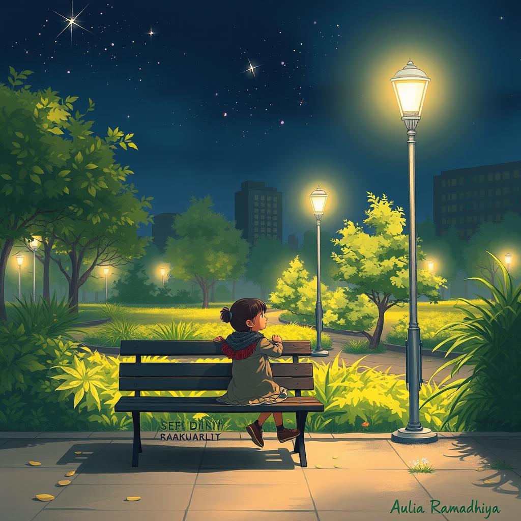 A beautiful night scene in an urban park featuring a young girl sitting alone on a bench