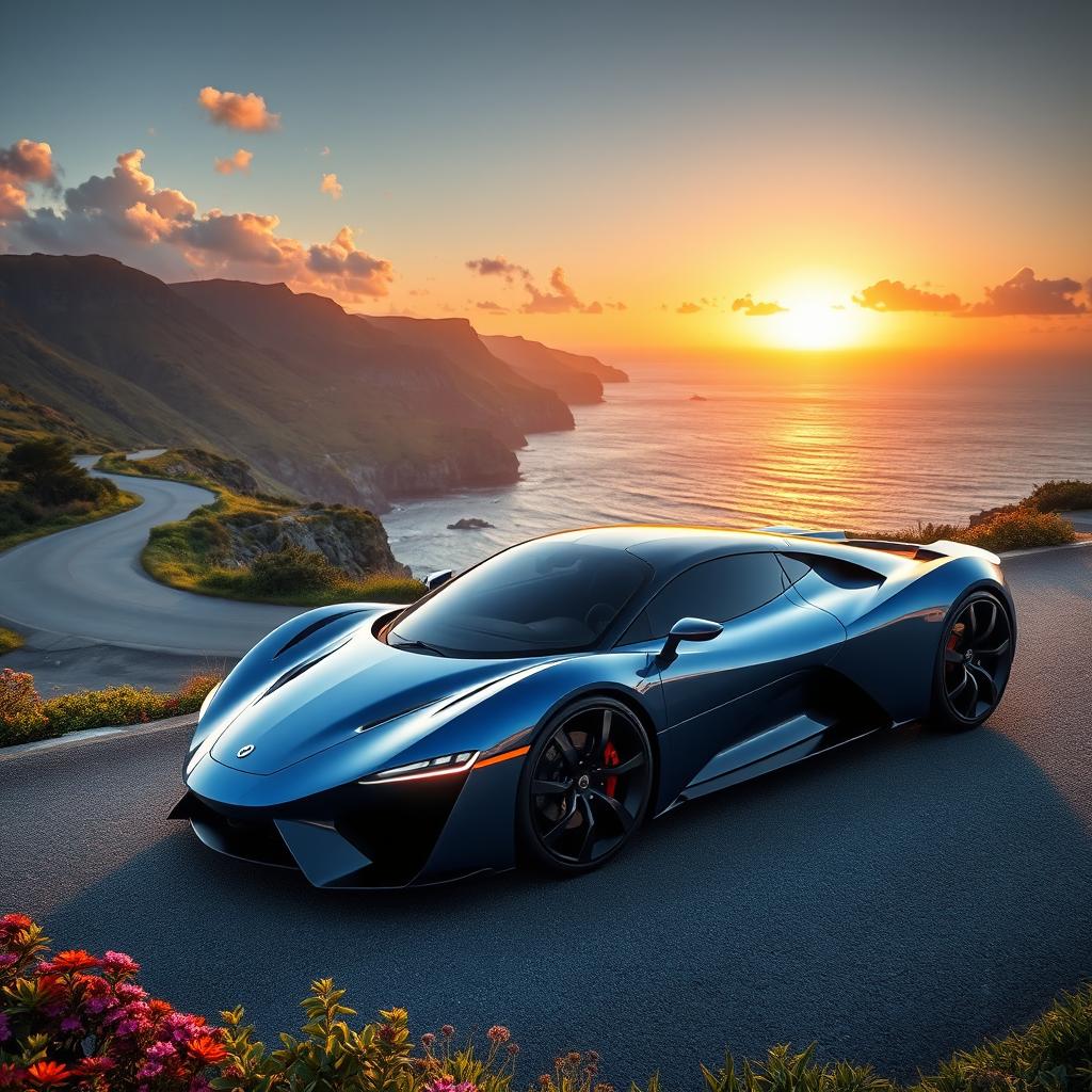 A sleek, futuristic car parked on a winding coastal road, with a breathtaking view of the ocean and dramatic cliffs in the background