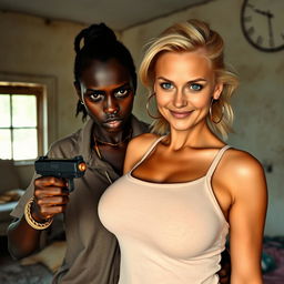 In a poor, rundown room, a young African woman, very short and malnourished at 20 years old, has deep black skin and an angry expression