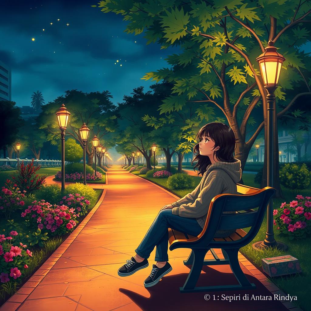 A serene night scene in an urban park depicting a girl sitting alone on a bench, surrounded by softly lit pathways and vibrant flowers