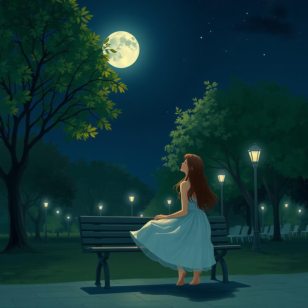 A serene night scene in a city park, featuring a young woman sitting alone on a bench, deep in thought, surrounded by softly glowing street lamps and lush trees providing a sense of tranquility