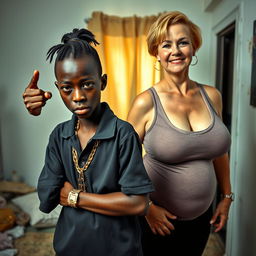 In a poverty-stricken room, a young African woman, short and malnourished, aged 20, with very dark skin and an angry expression, wearing an oversized gangster-style polo shirt