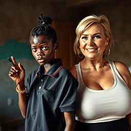 In a poverty-stricken room, a young African woman, short and malnourished, aged 20, with very dark skin and an angry expression, wearing an oversized gangster-style polo shirt