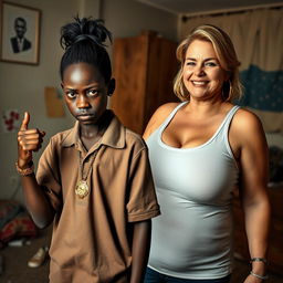 In a poverty-stricken room, a young African woman, short and malnourished, aged 20, with very dark skin and an angry expression, wearing an oversized gangster-style polo shirt