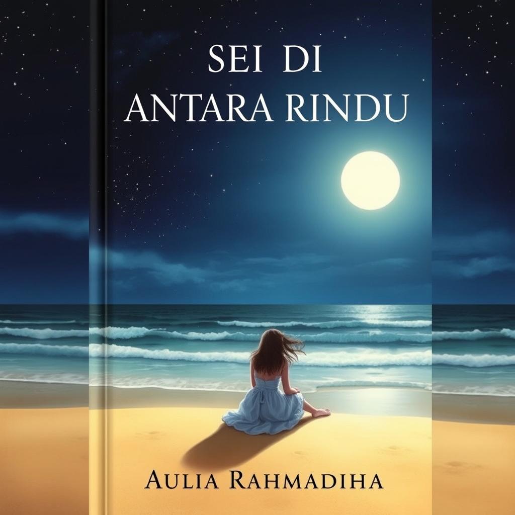 A novel cover depicting a young woman sitting alone on the sandy beach at night, her silhouette illuminated by the soft glow of the moonlight reflecting off the gentle waves of the sea