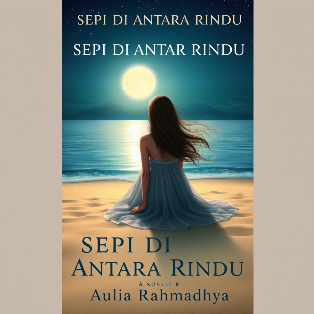 A beautifully designed novel cover featuring a young woman sitting alone on the sandy beach at night, gazing at the calm sea