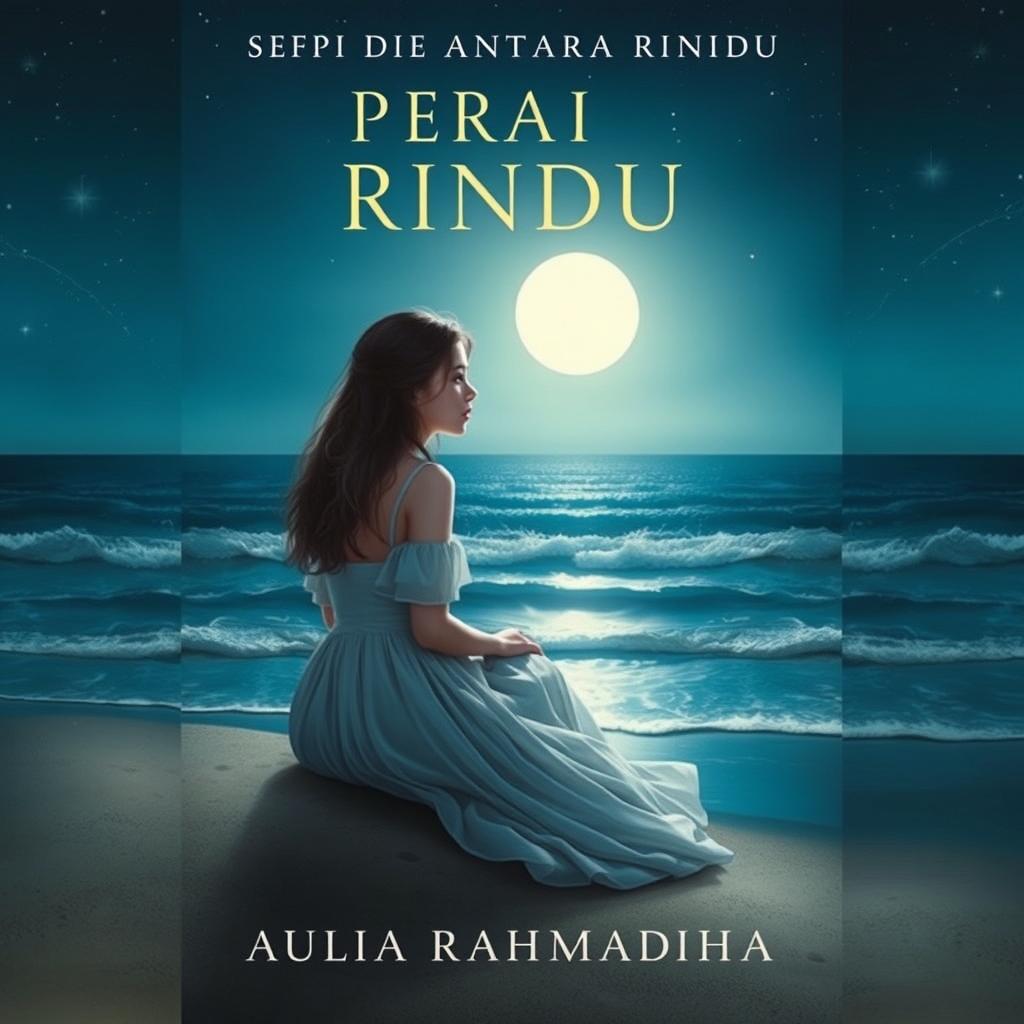 A captivating novel cover portraying a young woman sitting alone on the sandy beach at night, gazing thoughtfully at the horizon