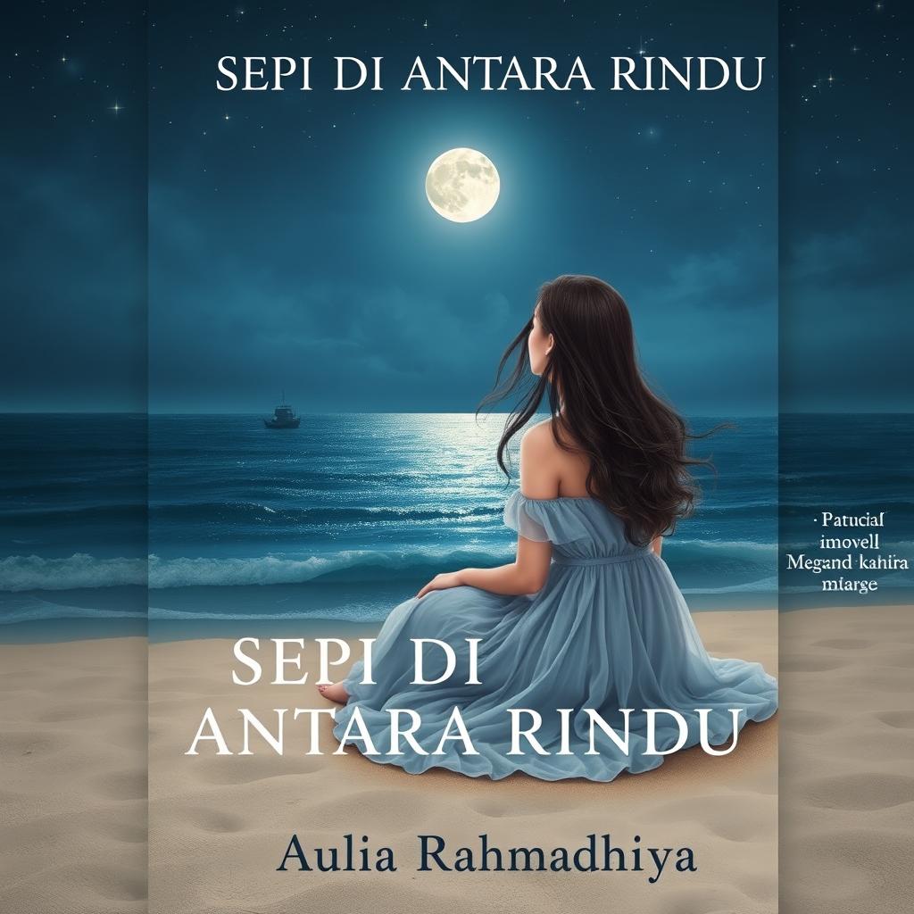 An enchanting novel cover featuring a young woman sitting alone on the sandy beach at night, gazing thoughtfully out to sea