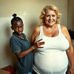 In a poor room, a scene depicts a young African woman, very short, undernourished, and 20 years old, with very dark skin and an angry expression