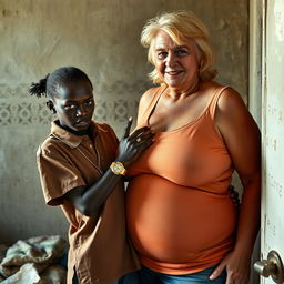 In a poor room, a scene depicts a young African woman, very short, undernourished, and 20 years old, with very dark skin and an angry expression