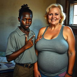 In a poor room, a scene depicts a young African woman, very short, undernourished, and 20 years old, with very dark skin and an angry expression