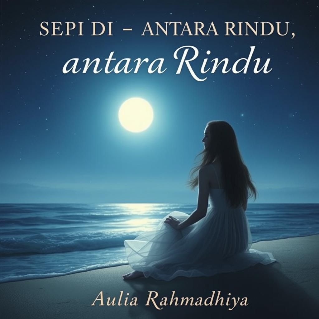 An evocative novel cover depicting a young woman sitting alone on the beach at night, her silhouette framed by the soft glow of the moonlight reflecting on the gentle waves
