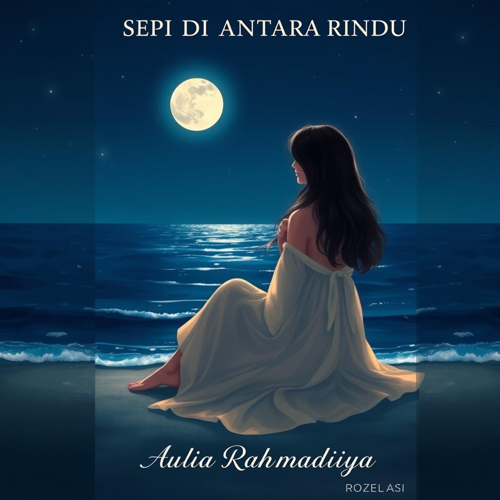 An enchanting novel cover illustrating a young woman sitting alone on the beach at night, her figure silhouetted against the shimmering moonlight reflected on the calm ocean waves
