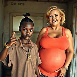 In a run-down room, a young African woman, very short and undernourished at 20 years old, has very dark skin and a fierce, angry expression