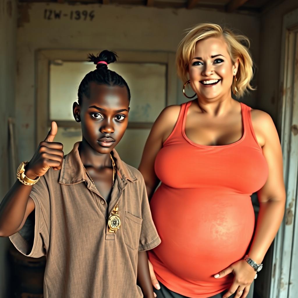 In a run-down room, a young African woman, very short and undernourished at 20 years old, has very dark skin and a fierce, angry expression