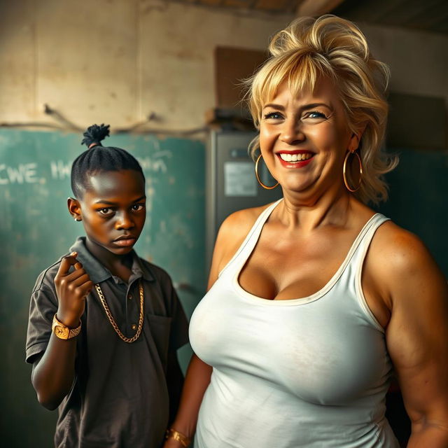 In a run-down room, a young African woman, very short and undernourished at 20 years old, has very dark skin and a fierce, angry expression