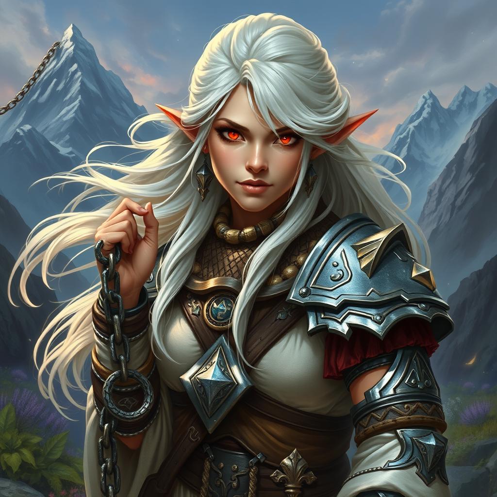 A brave dwarf healer depicted with vibrant white hair flowing elegantly and intense red eyes that shine with determination