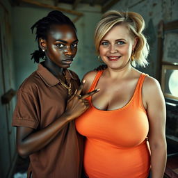 In a run-down room, a young African woman, very short, undernourished, and 20 years old with very dark skin and an angry expression, is dressed in a loose-fitting gangster-style polo shirt
