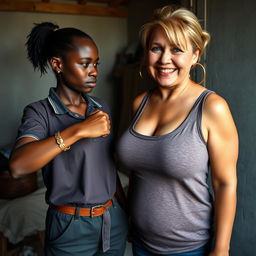 In a humble room, a young African woman, characterized as very short, undernourished, and 20 years old, stands with her dark skin and an angry expression