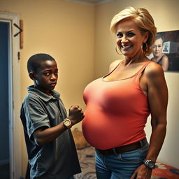 In a humble room, a young African woman, very short, undernourished, and 20 years old with very dark skin and an angry expression, is portrayed wearing a loose-fitting gangster-style polo shirt