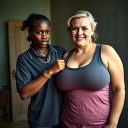In a humble room, a young African woman, described as very short, undernourished, and 20 years old, stands with dark skin and an angry countenance