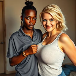 In a humble room, a young African woman, described as very short, undernourished, and 20 years old with deep black skin and an angry expression, is depicted wearing a loose-fitting gangster-style polo shirt