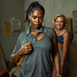 In a humble room, a young African woman, described as very short, undernourished, and 20 years old with deep black skin and an angry expression, is depicted wearing a loose-fitting gangster-style polo shirt