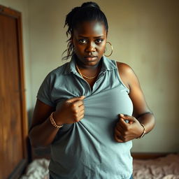 In a humble room, a young African woman, described as very short, undernourished, and 20 years old with deep black skin and an angry expression, is depicted wearing a loose-fitting gangster-style polo shirt