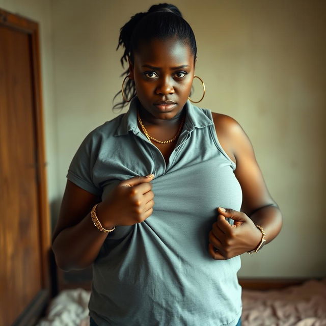 In a humble room, a young African woman, described as very short, undernourished, and 20 years old with deep black skin and an angry expression, is depicted wearing a loose-fitting gangster-style polo shirt