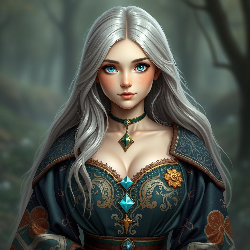 A very busty, cute, and innocent Ukrainian cleric healer girl with an enchanting appearance