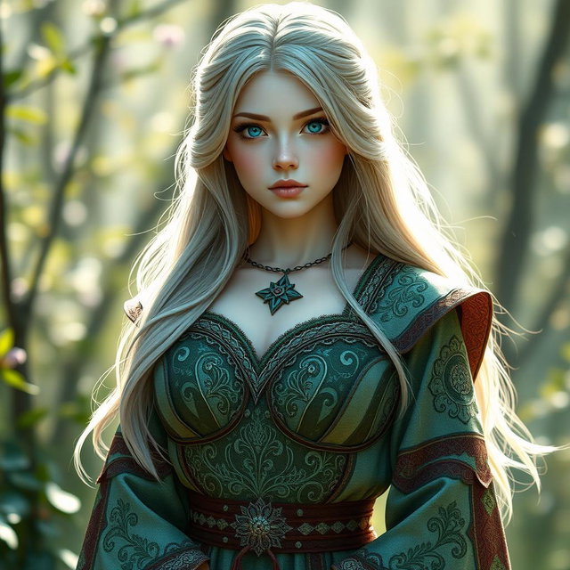 A very busty, cute, and innocent Ukrainian cleric healer girl with an enchanting appearance