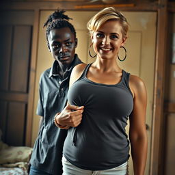 In a humble room, a young African woman, described as very short, undernourished, and 20 years old with deep black skin and an angry expression, is depicted wearing a loose-fitting gangster-style polo shirt