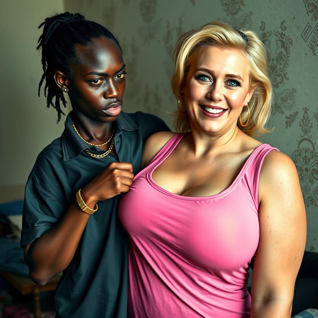 In a humble room, a young African woman, described as very short, undernourished, and 20 years old with deep black skin and an angry expression, is depicted wearing a loose-fitting gangster-style polo shirt