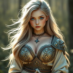 A very busty and cute Ukrainian cleric healer girl exuding innocence and beauty, featuring bright shining turquoise eyes and a triangular-shaped kind face