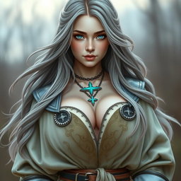 A very busty and cute Ukrainian cleric healer girl exuding innocence and beauty, featuring bright shining turquoise eyes and a triangular-shaped kind face