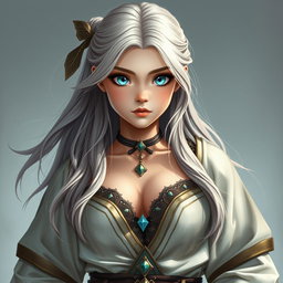 A very busty and cute Ukrainian cleric healer girl exuding innocence and beauty, featuring bright shining turquoise eyes and a triangular-shaped kind face