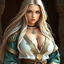 A very busty and cute Ukrainian cleric healer girl exuding innocence and beauty, featuring bright shining turquoise eyes and a triangular-shaped kind face