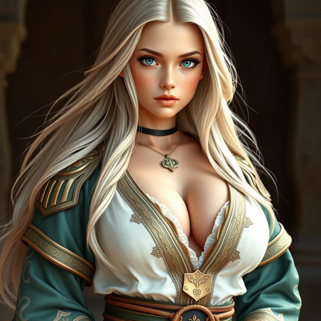 A very busty and cute Ukrainian cleric healer girl exuding innocence and beauty, featuring bright shining turquoise eyes and a triangular-shaped kind face