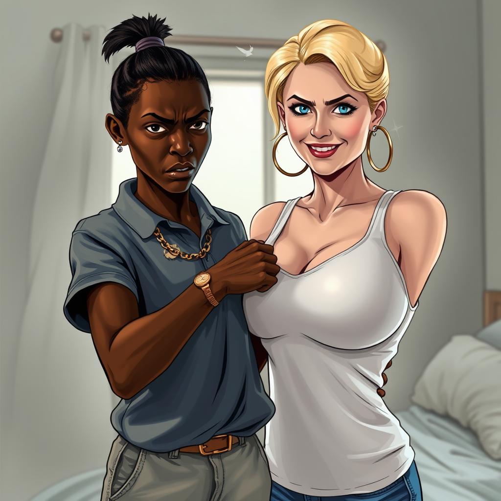 In a poor room, a young short African woman, undernourished at 20 years old with very dark skin, has a fierce and angry expression