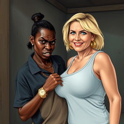 In a poor room, a young short African woman, undernourished at 20 years old with very dark skin, has a fierce and angry expression