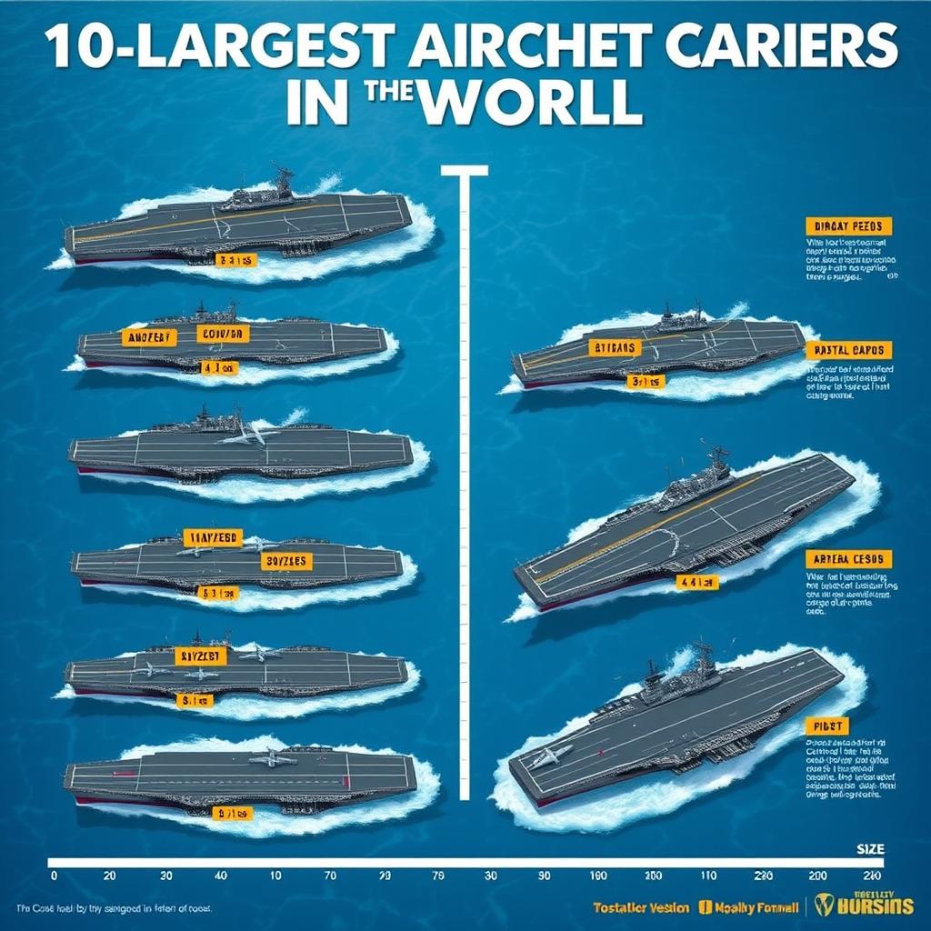 A visually stunning infographic depicting the 10 largest aircraft carriers in the world, showcasing each carrier with detailed labels