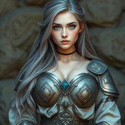 A very busty, cute, innocent, and beautiful slim Ukrainian cleric healer girl with huge breasts, featuring bright shining turquoise eyes