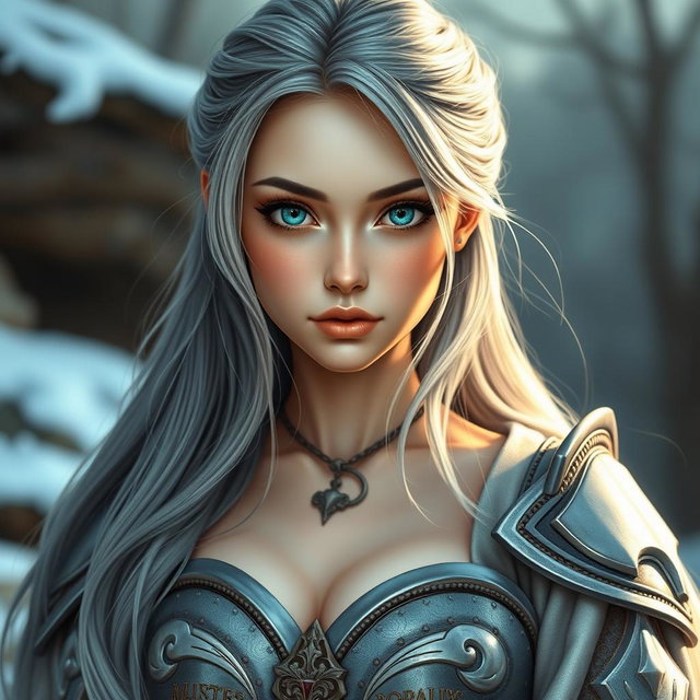 A very busty, cute, innocent, and beautiful slim Ukrainian cleric healer girl with huge breasts, featuring bright shining turquoise eyes