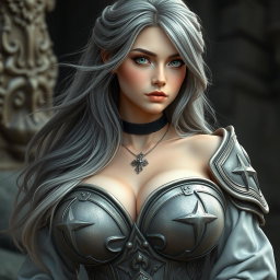 A very busty, cute, innocent, and beautiful slim Ukrainian cleric healer girl with huge breasts, featuring bright shining turquoise eyes