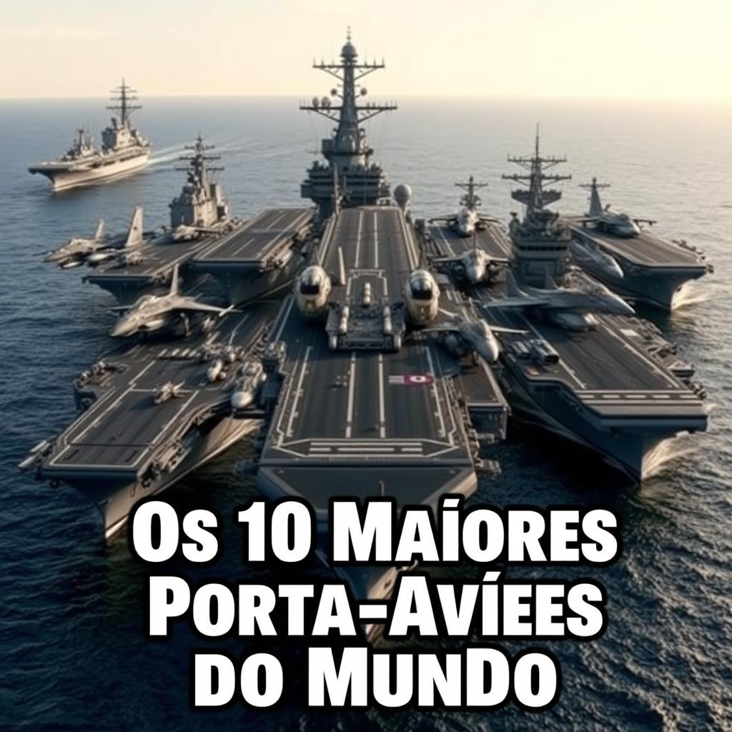 A captivating thumbnail featuring the ten largest aircraft carriers in the world, each depicted with intricate details such as flight decks, fighter jets, and navy insignia