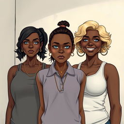 In a poor room, a young African woman, notably short, undernourished, and 20 years old with very dark skin and an angry expression, stands out wearing a loose-fitting gangster-style polo shirt